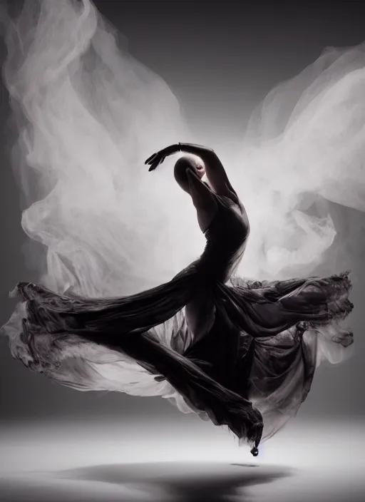 Image similar to a photorealistic dramatic hyperrealistic render of a glamorous beautiful female smoke dancer by ken brower and deborah ory of nyc dance project, lois greenfield, flowing cloth and smoke, beautiful dynamic dramatic dark moody lighting, volumetric, shadows, cinematic atmosphere, octane render, 8 k