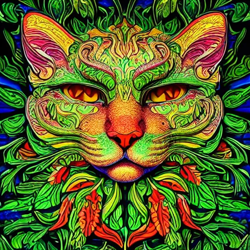 Image similar to beautiful colourful highly detailed incredibly ornate decorative cat face green man 3 d sculplture by walter crane and william morris and kilian eng, closeup, twisting leaves, tiny fine flowing lines, abstract psychedelic, 8 k, artstation