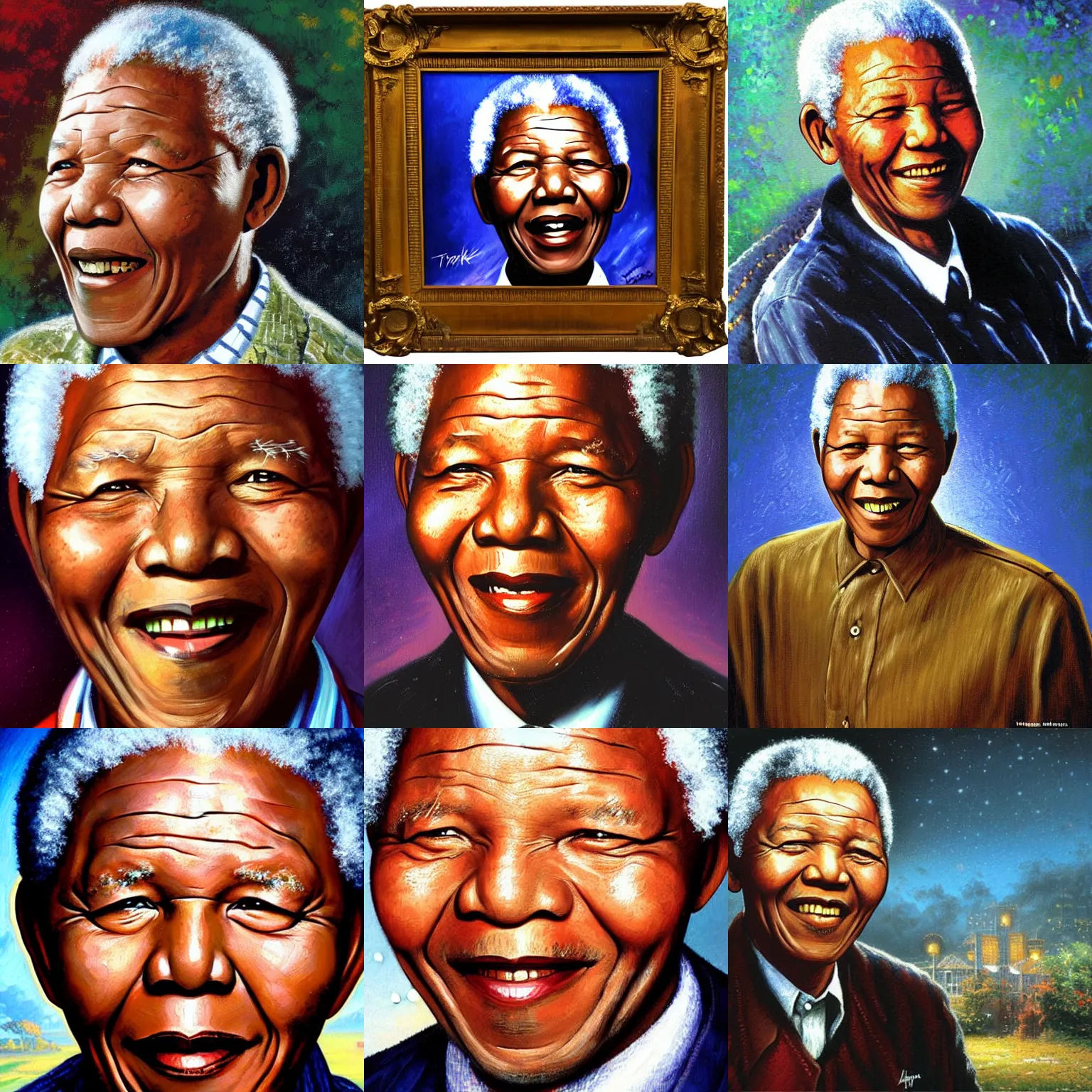 Prompt: portrait painting of Nelson Mandela by Thomas Kinkade, highly detailed