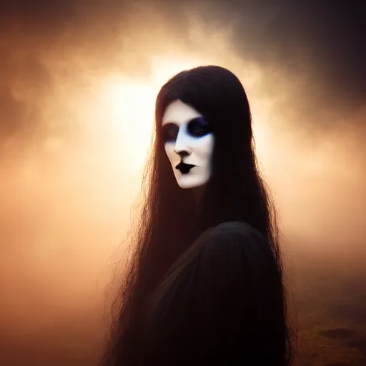 Prompt: photographic portrait of a stunningly beautiful goth renaissance female ghost in soft dreamy light at sunset, smoke fog dust, god rays contemporary fashion shoot, by edward robert hughes, annie leibovitz and steve mccurry, david lazar, jimmy nelsson, breathtaking, 8 k resolution, extremely detailed, beautiful, establishing shot, artistic, hyperrealistic, beautiful face, octane render