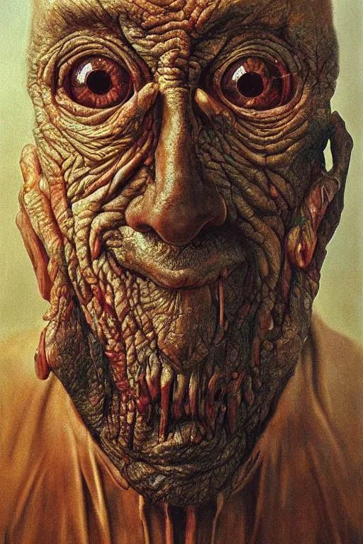 Image similar to hyperrealism oil painting, close - up portrait of a scary old man with a thousand eyes and mandibles, in style of baroque zdzislaw beksinski