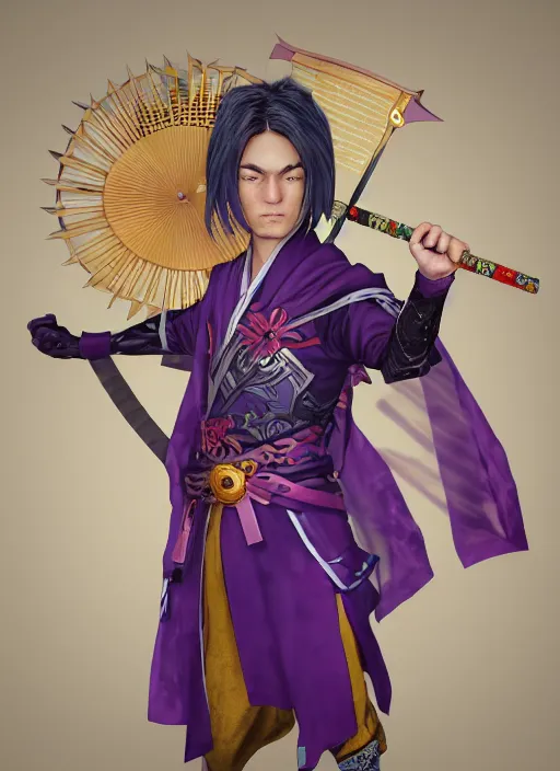 Image similar to An epic fantasy comic book style portrait painting of young man with straight indigo hair, purple eyes with red eye markers, slim body, wearing a detailed Japanese kimono with golden armor pieces, holding a japanese fan. Unreal 5, DAZ, hyperrealistic, octane render, cosplay, RPG portrait, dynamic lighting