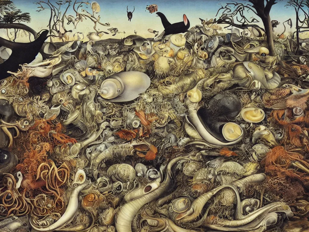 Image similar to The mollusks are reproducing. Long blue eyes. The human metropolis falls and crumbles, Autumn light, harsh. Painting by Walton Ford, Lucas Cranach, Otto Dix