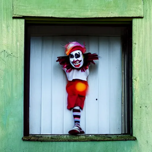 Prompt: photo of a scary clown looking through your bedroom window