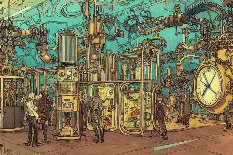 Image similar to front view on steampunk lab with big vapor tubes and alchemy equipment, mad scientist working, giant video screens, sci - fi vending machine, big plants, clock, retrofuturism, concept art by mucha and moebius and victo ngai, clean line, diesel punk