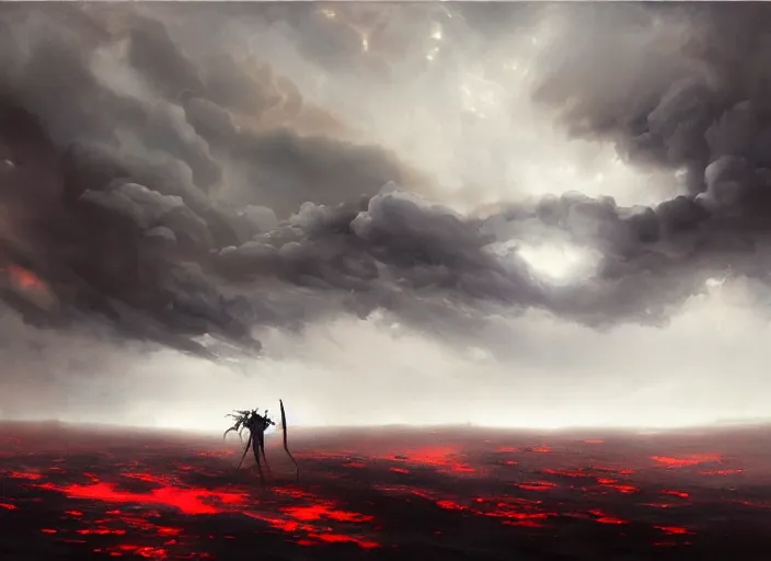 Prompt: a photorealistic shadow demon appears in the storm clouds above, hellish forest of death landscape at night, rule of thirds, digital painting by sargent and leyendecker, fantasy, medium shot, intricate, matte painting, crimson gradient, dynamic lighting, by greg rutkowski and greg tocchini and james gilleard and joe fenton and greg manchess