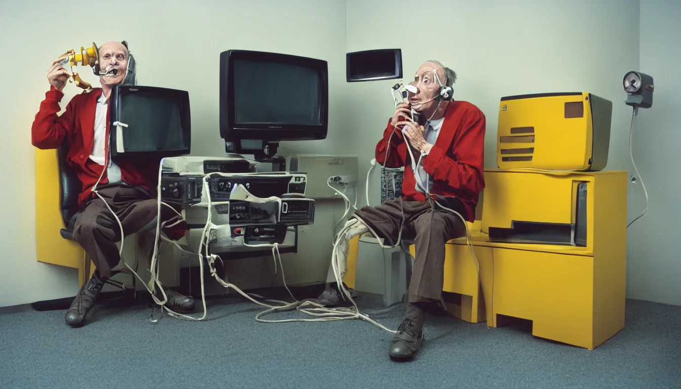 Image similar to In an call centre office, A skinny old Man with a old television strapped to his back ,flexible industrial pipes join his ears and mouth to the television, fibres trial on the floor , full colour ,4k ,Kodak portra 400