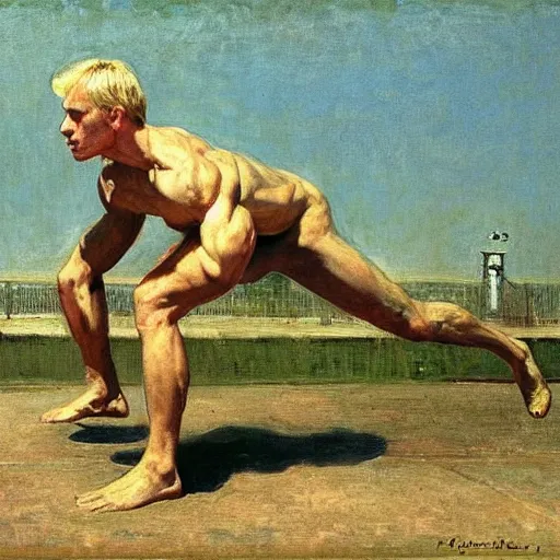 Image similar to a handsome blonde haired track star stretching before his race. By Ilya Repin and Robert Fawcett. Masterpiece