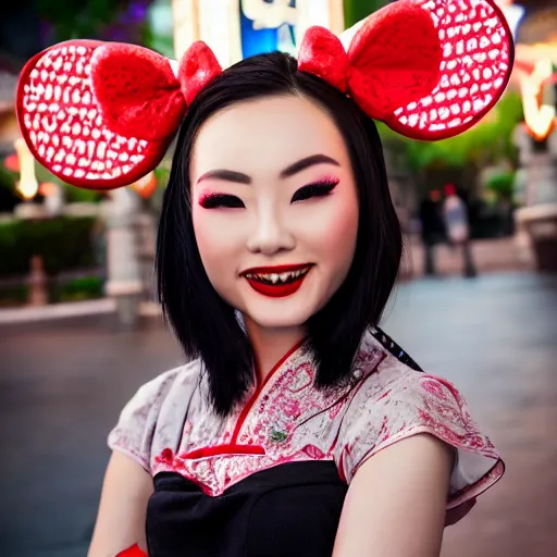 Image similar to beautiful bald chinese woman with pinup girl makeup at disneyland wearing mouse ears, night, highly detailed, theatrical lighting, sharp focus, unreal engine, epic cinematic hyperrealism masterpiece