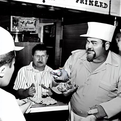 Image similar to a photograph of a reallife popeye the sailor man handing fried chicken to a customer at a popeye's chicken restaurant. he is behind the counter wearing a uniform