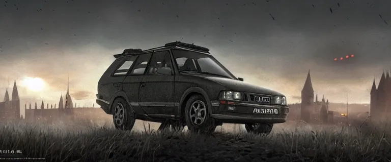 Image similar to Armored and Armed Audi 80 B3 Avant (1988) with a mounted M249, Dark Souls 3, a grim fantasy, Anor Londo, dramatic lighting, cinematic, establishing shot, extremely high detail, photorealistic, cinematic lighting, artstation, by simon stalenhag