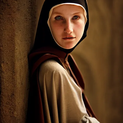 Image similar to photographic portrait of a stunningly beautiful renaissance nun female in soft dreamy light at sunset, contemporary fashion shoot, by edward robert hughes, annie leibovitz and steve mccurry, david lazar, jimmy nelsson, breathtaking, 8 k resolution, extremely detailed, beautiful, establishing shot, artistic, hyperrealistic, beautiful face, octane render