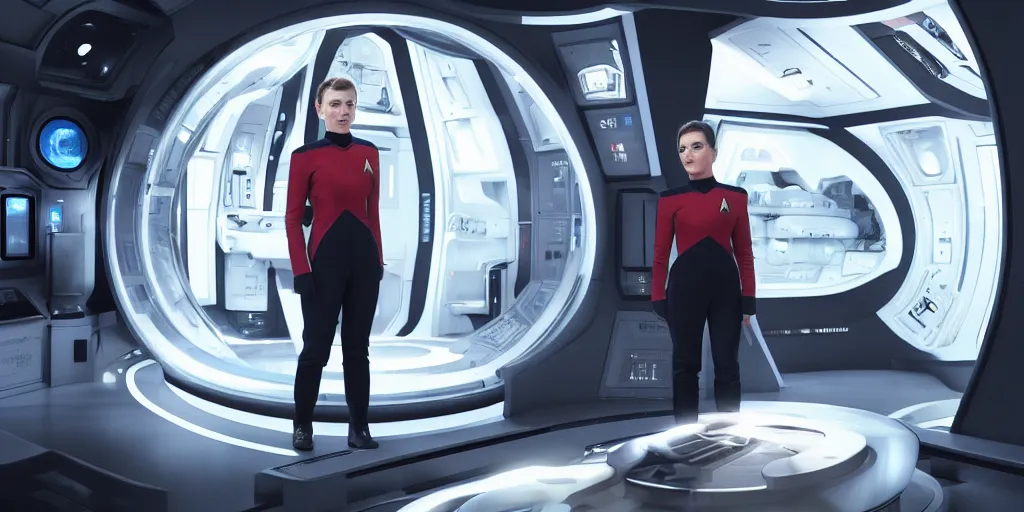 Image similar to a woman in a star trek uniform standing in front of a machine, a screenshot by René Auberjonois, cg society contest winner, retrofuturism, uhd image, elite, sci-fi