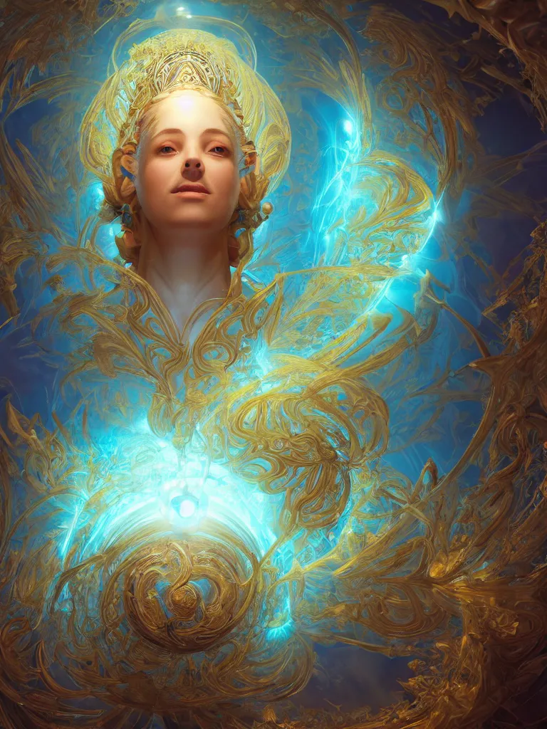 Image similar to a beautiful goddesses is generating energy fields and spiral fractal sacred geometry, by justin gerard and james jean, 3 d, cinema 4 d render, trending on artstation, octane render, 8 k