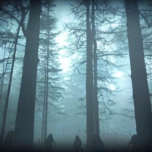 Image similar to low quality iphone photo of the payday 2 crew standing ominously deep in the foggy woods low visibility creepy, grainy, trail cam footage