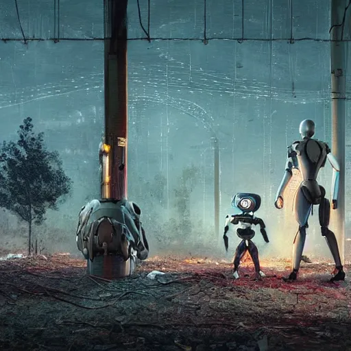 Image similar to Beautiful cinematic scene of two damaged humanoid robots like in Ex Machina (2014) standing near an abandoned gas station, post apocalyptic, at night, peaceful, science fiction, award-winning, cinematic lighting, insanely detailed, very realistic, Artstation, Cgsociety, by Simon Stalenhag, directed by Denis Villeneuve, filmic