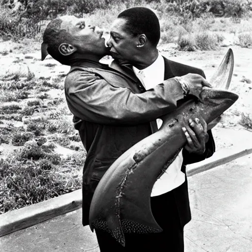 Image similar to john coltrane hugging and kissing a hammerhead shark