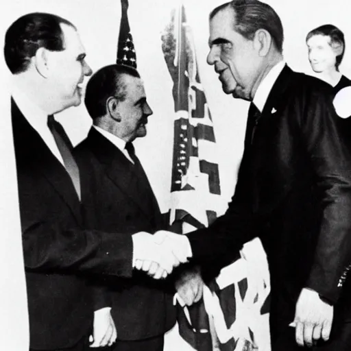 Prompt: Aliens shaking hands with Nixon, 1920s picture