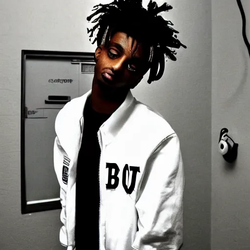 Prompt: Playboi Carti with headphones listening to a trashcan