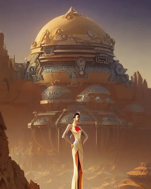 Prompt: art deco sci fi palace in the desert, fantasy, intricate, elegant, highly detailed, digital painting, artstation, concept art, matte, sharp, illustration, hearthstone, art by artgerm and greg rutkowski and alphonse mucha