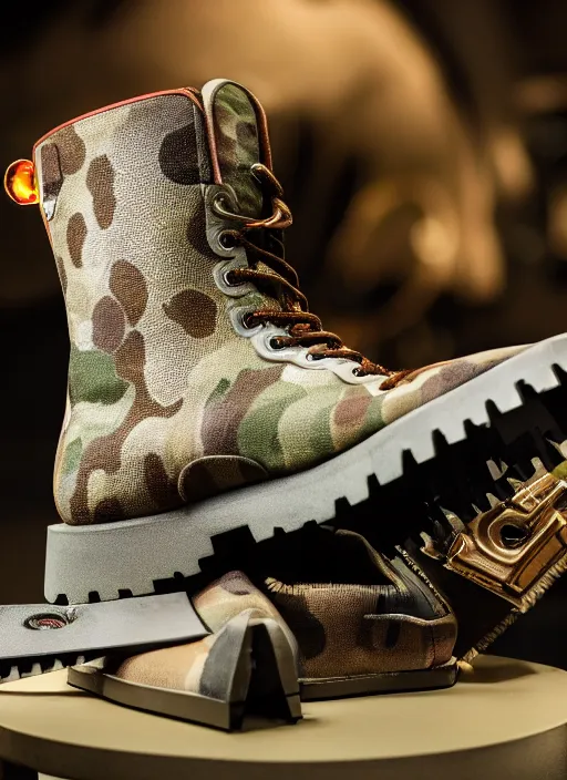 Image similar to hyperrealistic and heavy detailed product photo bape avant garde boots of movie the fifth element, in front of white back drop, whole shoe is in picture, leica sl 2 5 0 mm, vivid color, high quality, high textured, real life