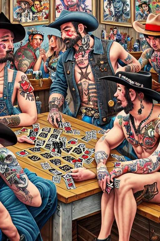 Image similar to full view, from a distance, of cowboys with tattoos, in the saloon playing card games, style of yoshii chie and hikari shimoda and martine johanna, highly detailed