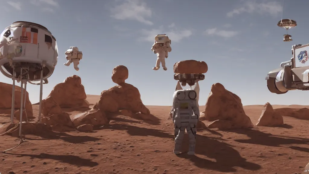 Prompt: a bounce house on mars, big mistake, several men in space gear look up to see an astronaut miles high, created in unreal engine 5, incredible detail