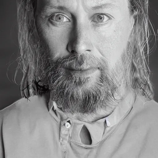 Image similar to Thom Yorke, a man with a beard and a black jacket, a portrait by John E. Berninger, dribble, neo-expressionism, uhd image, studio portrait, 1990s