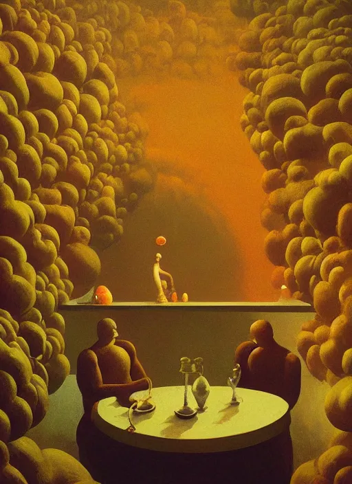 Prompt: spherical lava people at underwater neo-andean restaurant Edward Hopper and James Gilleard, Zdzislaw Beksinski highly detailed