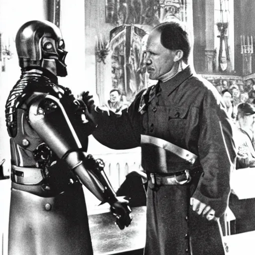 Prompt: hitler knighting schwarzenegger the terminator in a church