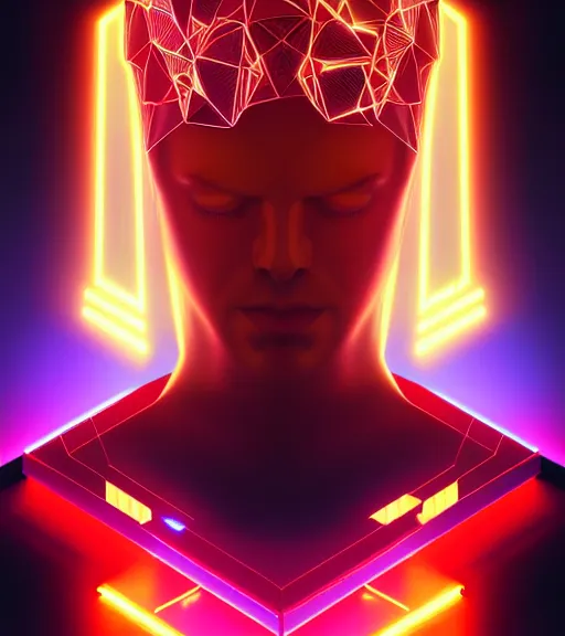 Image similar to symmetry!! european prince o. technology, solid cube of light, hard edges, product render retro - futuristic poster scifi, lasers and neon circuits, handsome european prince, intricate, elegant, highly detailed, digital painting, artstation, concept art, smooth, sharp focus, illustration, dreamlike, art by artgerm