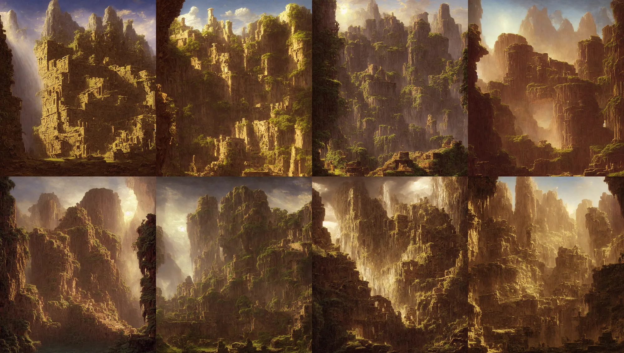 Image similar to aztec ruins built on the walls of a cave by jorge jacinto, albert bierstadt, jim burns, edwin church, frederic thomas cole, brown durand, asher david friedrich, caspar james gurney, johnson heade, martin raphael lacoste, ted nasmith, andreas rocha, christophe vacher, mystical, fantasy, rays of sun light, atmospheric lighting