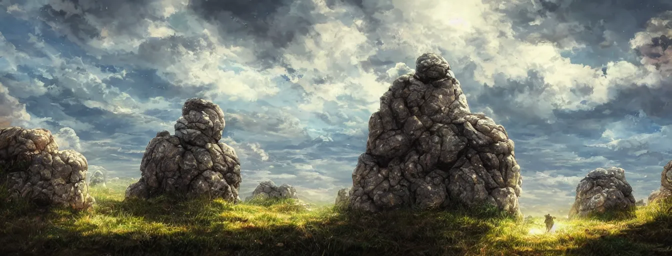 Prompt: a beautiful, dreamy, wistful sky filled with raining boulders at horses on the battlefield. hyperrealistic anime background illustration by kim jung gi, colorful, extremely detailed intricate linework, smooth, super sharp focus, bright colors, high contrast, matte, octopath traveler, unreal engine 5 highly rendered, global illumination, radiant light
