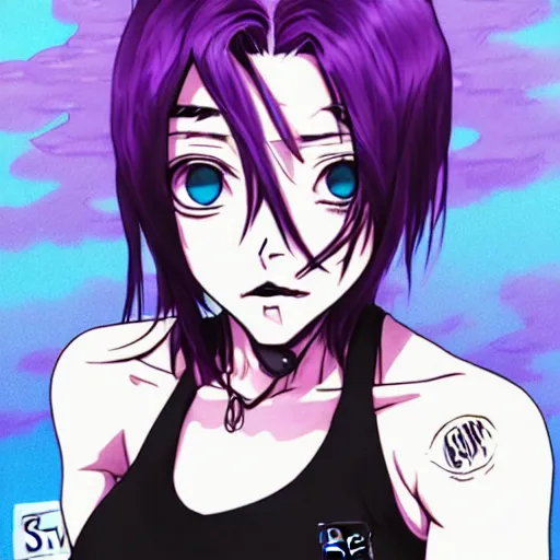 Image similar to style of madhouse studio anime, black lagoon manga, loish, artgerm, comic art, portrait of revy from black lagoon, symmetrical eyes and symmetrical face, jean shorts, white tank top, purple hair, sarcastic evil smirk on face, sky and ocean background