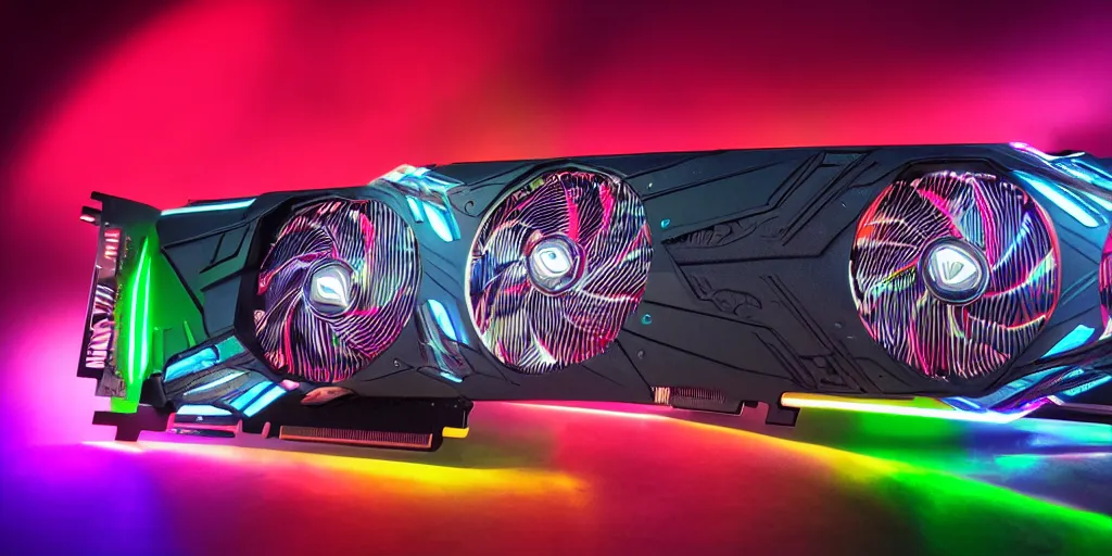 Image similar to product photo of triple wide extra long gtx rtx 4 0 9 0 nvidia gpu graphics card dramatic black background neon lighting