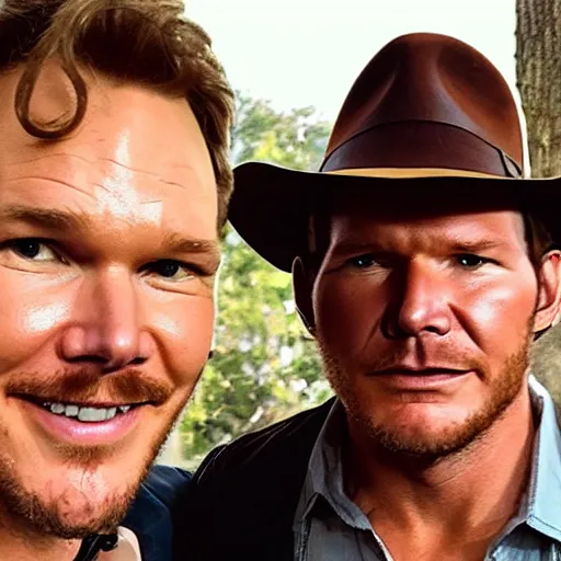 Image similar to chris pratt as indiana jones, selfie with older harrison ford, instagram, high detailed, symmetrical