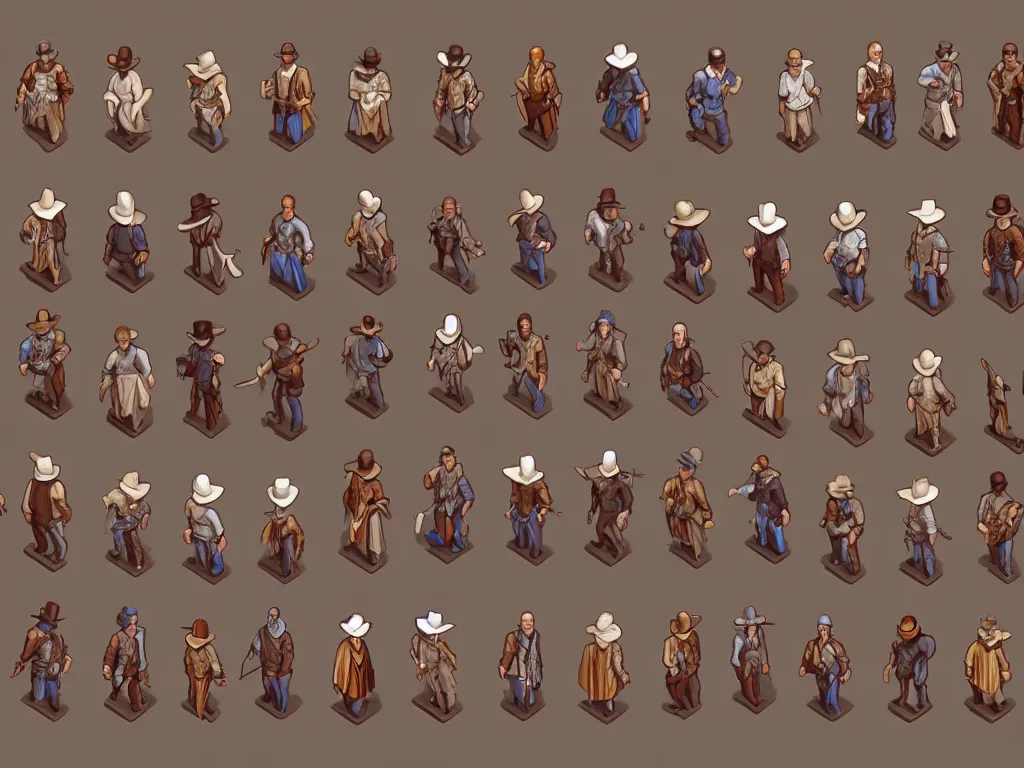 Prompt: isometric sprite sheet of detailed western npc! smooth, 8 k, gouache, kitbash, centered, by artgerm, solid background