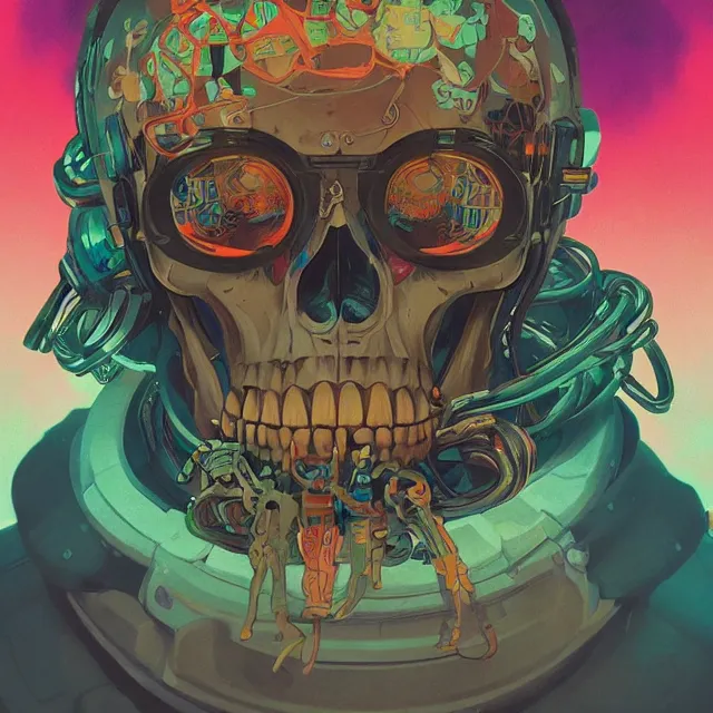 Prompt: a beautiful portrait painting of a ( ( cyberpunk ) ) skull by simon stalenhag and pascal blanche! and alphonse mucha! and nekro!. in style of digital art. colorful comic, film noirs!, symmetry, hyper detailed. octane render. trending on artstation