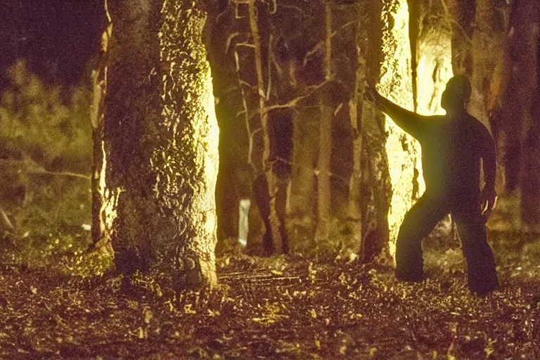 Image similar to A still of Homer Simpson in The Blair Witch Project, 8k, real photo, night scene, terrible