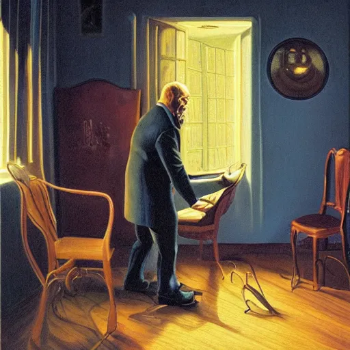 Image similar to angry old man in chair inside a dark house, surrealism, painting by boris vallejo and michael whelan