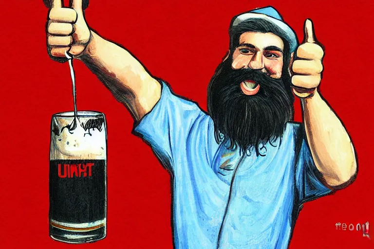 Image similar to a young man holding a beer giving a thumbs up with a long beard, 80s poster, detailed, uncropped, painted by Krenz Crushart