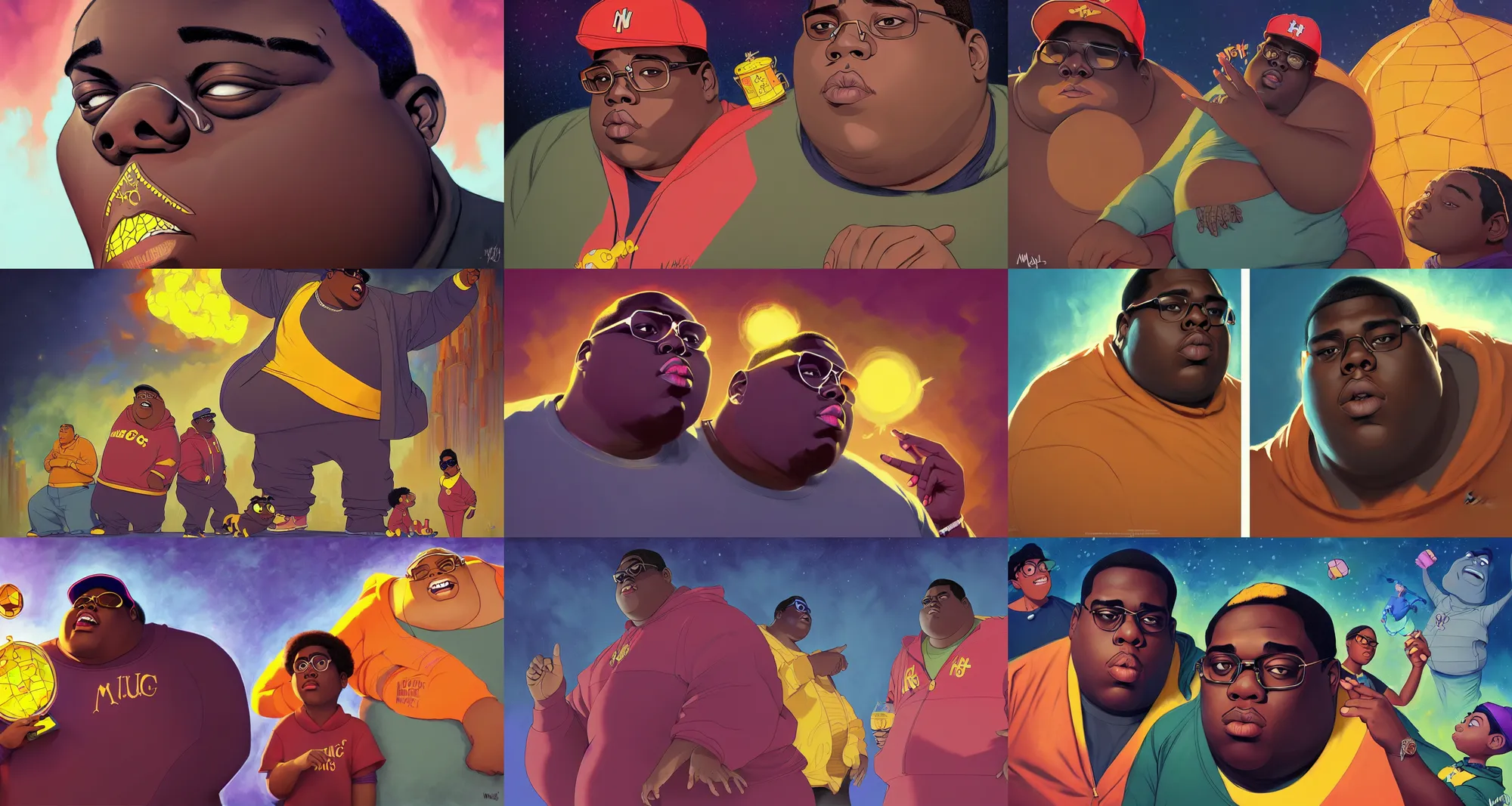 Prompt: the notorious b. i. g. as the notorious magic school bus combined together, morphed, animation pixar style, shaded lighting poster by magali villeneuve, artgerm, jeremy lipkin and michael garmash, rob rey and kentaro miura style, trending on art station