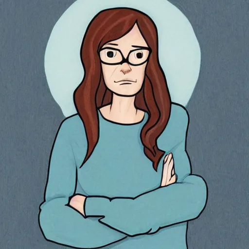 Image similar to portrait of lena headey as amelia from infinity train wearing a grey jumper and blue jeans, art by owen dennis,