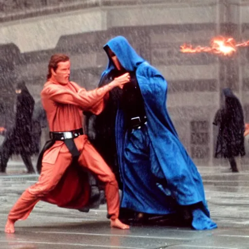 Image similar to the iconic fight between smith and neo in the rain, only instead of smith the are all obi wan kenobi clones