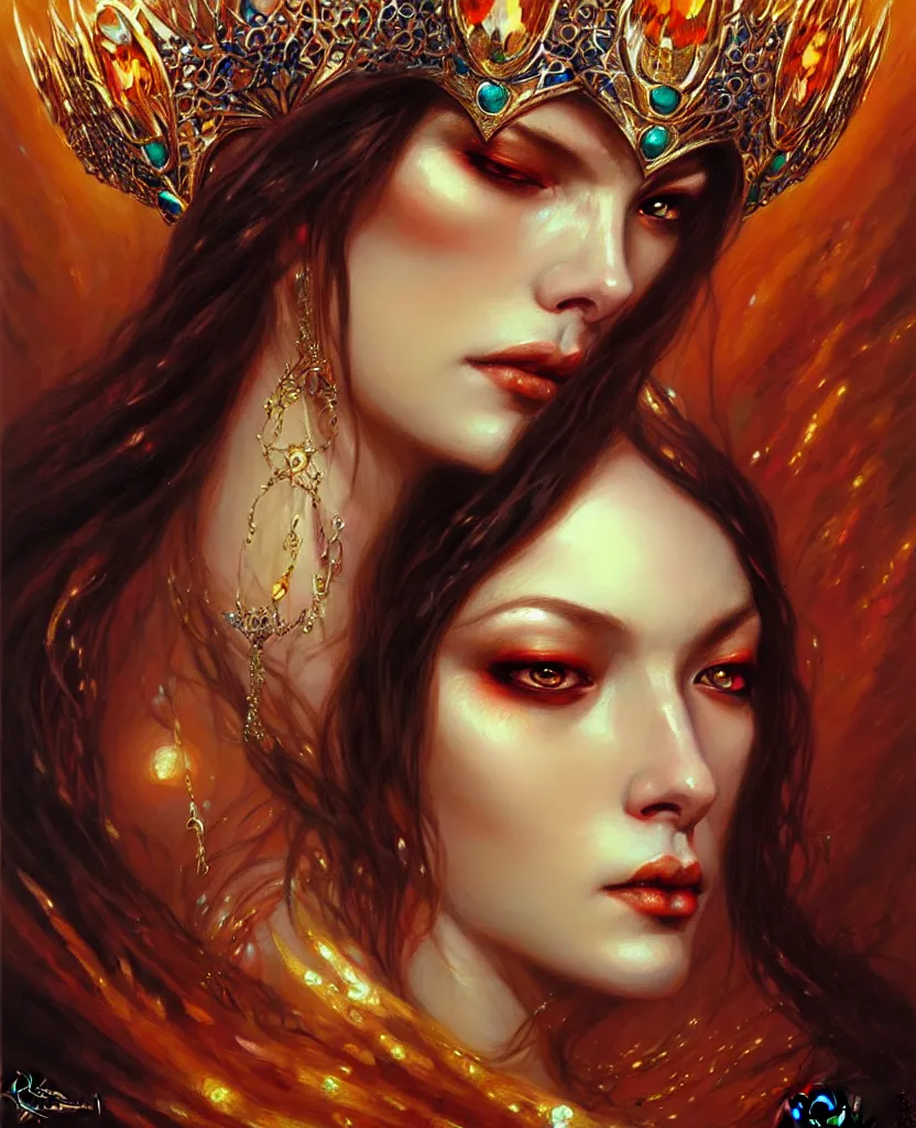 Image similar to A portrait of a female jewels-crowned sorceress; by Karol Bak and Jia Ruan, artstation, deviantart, fantasy art, rpg portrait