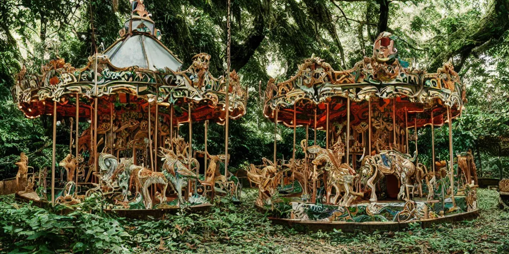 Prompt: an abandoned overgrown carousel with elaborately intricate carved wooden figures of animals, beachwood treehouse, discovered in a secret garden, hedgemaze, photo taken on fujifilm superia