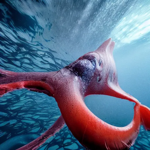 Image similar to real footage of a colossal squid in the ocean abyss, underwater photography, realistic, 8K, national geographic