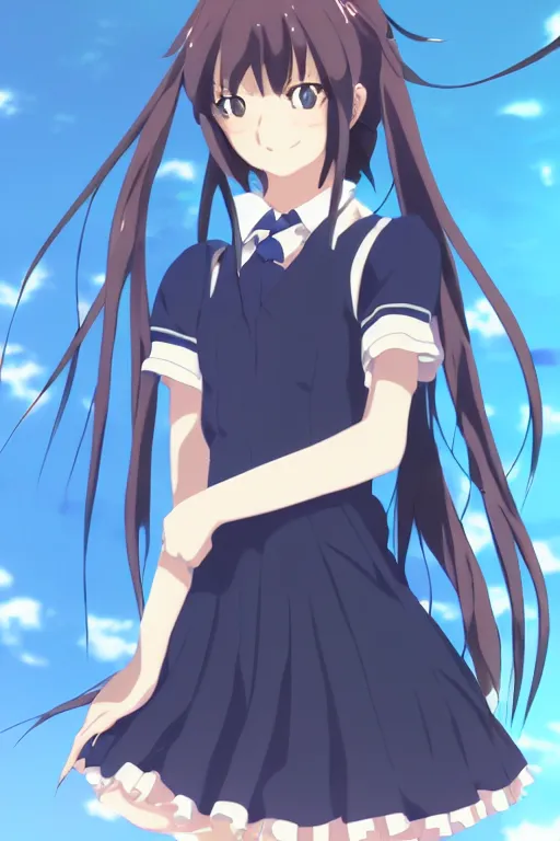 Image similar to An anime high school girl, portrait, full body, Makoto Shinkai, kyoto animation, aniplex, pixiv