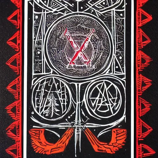 Prompt: tarot card on black paper of intricate red illustration of runes