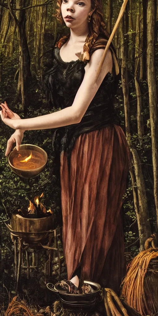 Prompt: Portrait of Anya Taylor-Joy as a witch in a forest performing a ritual over a fire and cauldron at night, grimm, low key, hyper-detailed, by Caravaggio